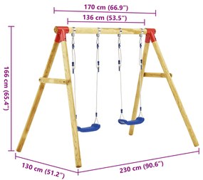 Conjunto de baloiços 230x130x166 cm madeira de pinho