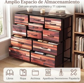 Cómoda de 11 gavetas com gavetas em tecido 100 x 30 x 82 cm, estrutura metálica, organizador para quarto Preto + Castanho