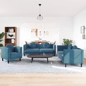 vidaXL 3 pcs conjunto de sofás com almofadas veludo azul