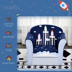 HOMCOM Poltrona para Crianças acima de 3 Anos com Desenhos de Foguete Estrutura de Madeira e Estofado em Flanela 50x39x44 cm Azul