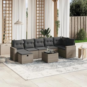 8 pcs conjunto sofás de jardim c/ almofadões vime PE cinzento
