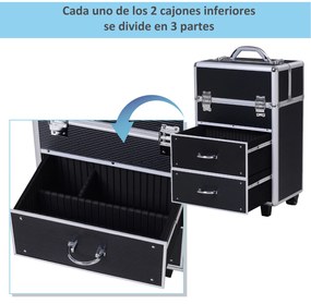 HOMCOM Estojo de maquiagem portátil Estojo profissional de cosméticos com 6 gavetas extensíveis, fechadura, rodas e alça retrátil 36x23x58 cm preta