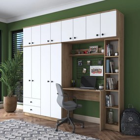 Conjunto de Quarto de Estudo BA122 – Nogueira/Branco – 240 cm x 216,8
