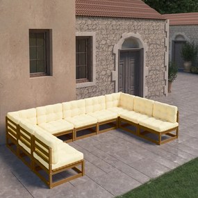 vidaXL 9pcs conj. lounge jardim e almofadões pinho maciço castanho mel