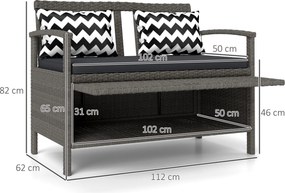Banco de jardim 112 x 62 x 82 cm de 2 lugares com arrumação de 160 L em rattan PE, com almofada e 2 travesseiros, , cinzento