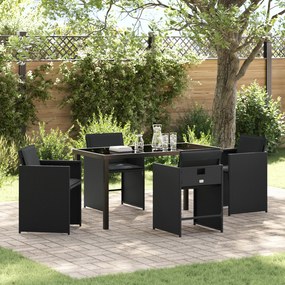 vidaXL Conjunto de Jantar de 5 Peças com Almofadas Preto Vime PE