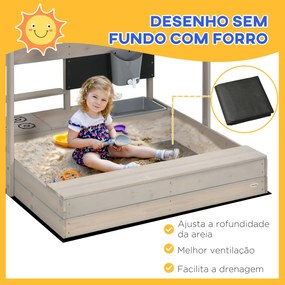 Caixa de Areia de Madeira para Crianças com Teto Ajustável  Acessórios de Cozinha e Banco  114x110x110 cm Madeira