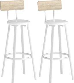 HOMCOM Conjunto de 2 Bancos de Bar Bancos Altos de Cozinha com Encosto e Apoio para Pés Estofados em PU Assento 41,5x36,5x99,5 cm Madeira e Branco | Aosom Portugal
