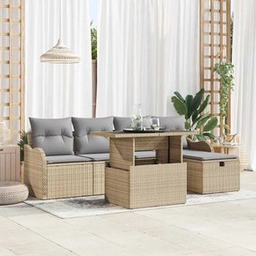Conjunto de Sofá para Jardim com Almofadas de 6 Peças Bege de Vime Poliéster