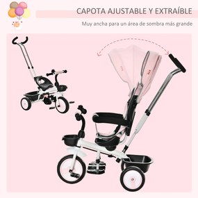 HOMCOM Triciclo para Bebé 2 em 1 Triciclo Evolutivo para Crianças de 1-5 Anos com Capô Dobrável Guiador Telescópico Grade de Proteção Removível e Apoio para os Pés 100x48x106cm Rosa