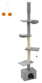 Arranhador para gatos com altura até ao teto 231-291 cm, ajustável em altura, cinzento claro