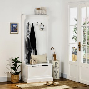 Móvel de entrada 4 em 1,  com banco com espaço de arrumação e 4 ganchos duplos, 71,5 x 39,5 x 170 cm, branco