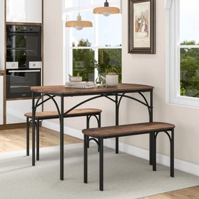 Conjunto de mesa de jantar de 3 peças para 4 pessoas Mesa retangular de madeira e 2 bancos com estrutura metálica  castanho