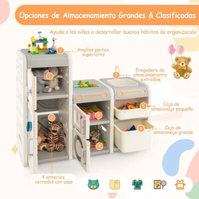 Organizador de arrumação de brinquedos para crianças Estante para crianças com quadro magnético Baú com armarios 116 x 38 x 98 cm Cinzento