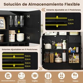 Armário despensa cozinha com 90 x 39 x 167 cm com tomadas elétricas com suporte para copos, gaveta e prateleiras ajustáveis preto