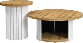Conjunto de 2 mesas de centro redondas, mesa principal e auxiliar com compartimento de arrumação, 75x75x50/45x45x35 cm, Cor natural