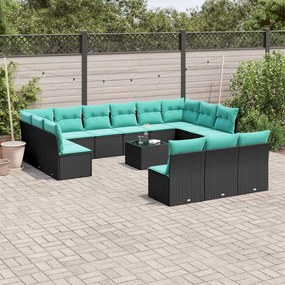 vidaXL 14 pcs conjunto de sofás p/ jardim c/ almofadões vime PE preto