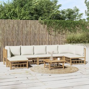 vidaXL 8 pcs conjunto lounge de jardim bambu c/ almofadões branco nata