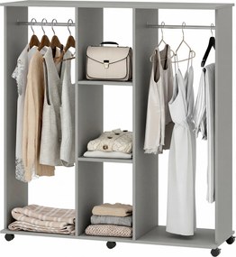 Guarda roupa aberto, móvel de arrumação com rodas, 6 rodas, 120 x 40 x 128 cm, em madeira cinzento