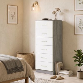 Cómoda de 6 Gavetas Alta para Quarto com Sistema Antitombo 40x40x110 cm Cinza-claro e Branco
