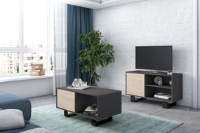 Conjunto Wind, Conjunto de móveis para sala de estar/jantar composto por 1 Móvel TV100 e 1 Mesa de café, cor Cinza/ Carvalho, Pernas pretas