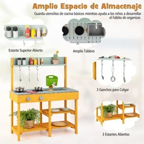 Cozinha de brincar em madeira para crianças com caixa de água Torneira realista Lava-loiça amovível para crianças com mais de 3 anos - laranja