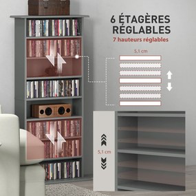 Organizador para CD e DVD com 8 compartimentos e 6 prateleiras ajustáveis, capacidade máxima de 360 CD/185 DVD e Blu-ray, cinzento