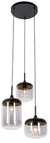Candeeiro de suspensão preto com dourado e vidro fumê 3-luzes redondo - Kyan Design