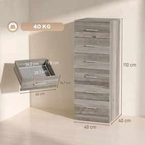 Cómoda Alta com 6 Gavetas para Quarto com Sistema Anti-Tombo 40x40x110 cm Cinzento-claro e Branco