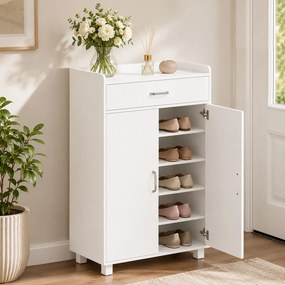 Sapateira com Prateleiras Ajustáveis Gaveta e Portas 62,5 x 35 x 95 cm para 6 Pares Branco