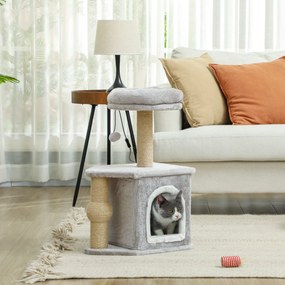 Arranhador para gatos com torre de brinquedos 42 x 30 x 66 cm, com postes para arranhar, cama e casinha para gatos, cinzento claro