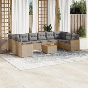 11 pcs conjunto sofás de jardim c/ almofadões vime PE bege