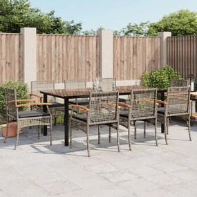 9 pcs conjunto de jantar p/ jardim c/ almofadões vime PE cinza