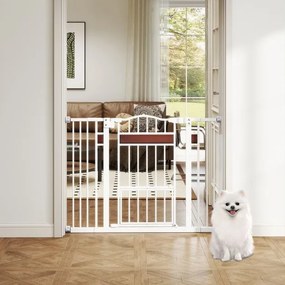 Grelha de proteção para cães ou bebes 74-104 cm x 76 cm, para porta sem perfuração, grelha de proteção com porta pequena, branca.