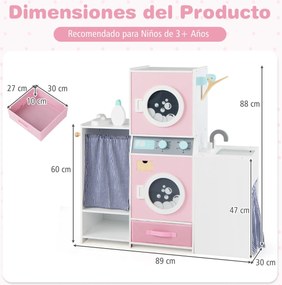 Conjunto de lavandaria em madeira para crianças Máquina de lavar roupa realista com acessórios Ferro de engomar e cabides Brinquedo educativo Rosa
