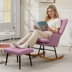 Conjunto de Poltrona Baloiço com Apoio para os Pés Poltrona Relax com Almofada Acolchoada e Anti-Tombo 64x89x90 cm Rosa
