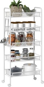 Carrinho cozinha Auxiliar com Rodas de 5 Níveis com Cestos de Malha Removíveis e Estrutura de Aço 45x26,5x106 cm Branco