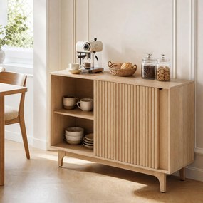 Aparador de Sala de Jantar, 119 x 40 x 80 cm, Portas de Correr Caneladas, Cor Natural