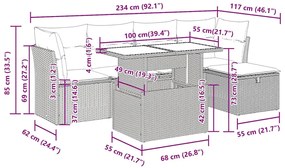 6 pcs conjunto sofás de jardim com almofadões vime cinzento