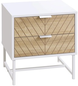 HOMCOM Mesa de Cabeceira com 2 Gavetas Mesa Auxiliar com Pés de Aço para Sala de Estar Dormitório 45x39x48cm Carvalho e Branco