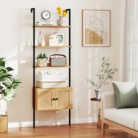 Estante em escada de 5 níveis com armário em rattan de parede alta de 184 cm Estrutura em metal Estante aberta boémia natural