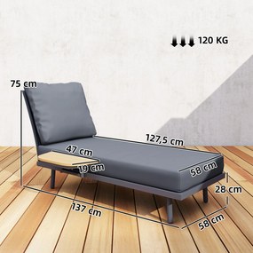 Espreguiçadeira de jardim com almofadas laváveis em olefina e prateleira lateral, estrutura em metal, 58 x 137 x 75 cm, cinzento