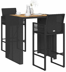vidaXL 3 pcs conj. de bar jardim sem almofadões vime PE/acácia preto