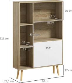 Estante escandinava, 80 x 23,5 x 123  cm, 5 compartimentos abertos, armário com 2 portas, pés afilados e inclinados cor de carvalho