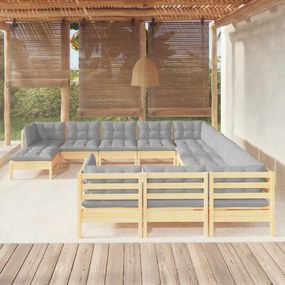 vidaXL 12 pcs conjunto lounge de jardim c/ almofadões cinza pinho
