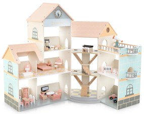 Conjunto de casa de bonecas de canto de madeira com teto rosa - rosa