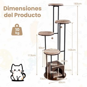 Árvore para Gatos Altura: 183 com Abrigo e Arranhador, Vários Níveis, Castanho
