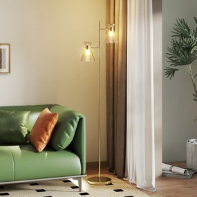 Candeeiro de pé para sala de estar com duas luzes ajustáveis 42 x 25 x 165 cm, candeeiro de pé, abajur de vidro com motivos florais, dourado