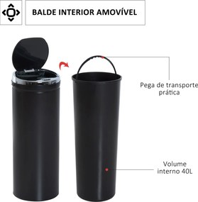 Balde do Lixo Automático 50L com Tampa de Fecho Suave e Silencioso Corpo em Aço Inoxidável Preto