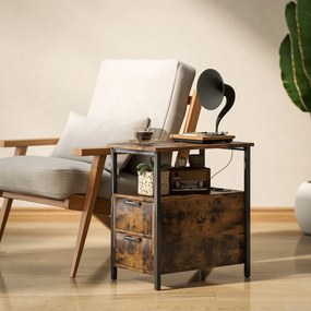 Mesa Auxiliar com Estação de Carga Entrada USB Tomada Elétrica 2 Gavetas e Prateleira 55x35x58,5 cm Castanho Rústico